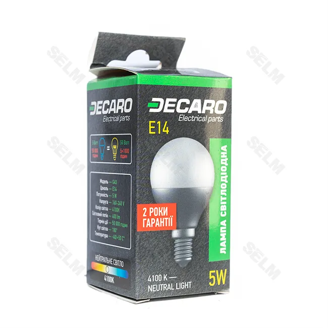 Світлодіодна лампа G45, 5W,4100k, 400lm, E14,220V <DECARO> (круг малий)