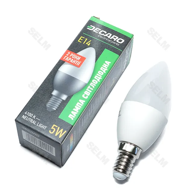 Світлодіодна лампа C37, 5W,4100k, 400lm, E14,220V <DECARO> (свічка малий)